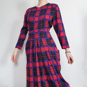 Vintage 80s Karin Stevens officecore long-sleeved pleated plaid maxi dress